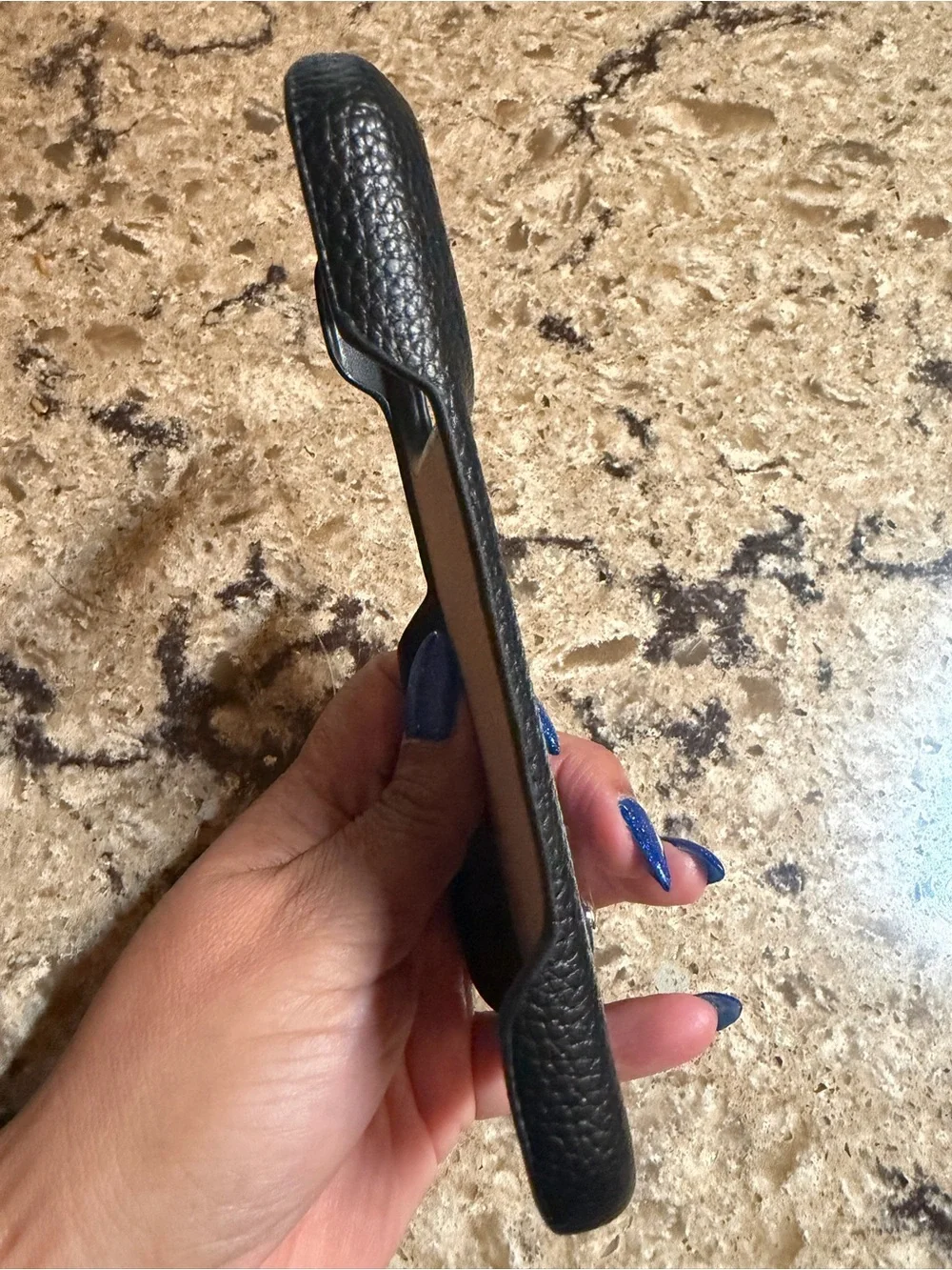 Black Pebbled Leather Phone Case with Metal Logo Plaque for iPhone 17 Pro